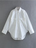 Yipinpay Summer Women Oversized Poplin Blouses Shirt 2023 Causal Turn-Down Collar Tops Vintage Single Breasted Pockets T-Shirts