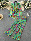 Yipinpay Autumn Print Suits Single Breasted Cardigan Bow Irregular Blouse+Pleated Wide Leg Long Pants Women Senior Vintage Sets