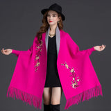 Yipinpay Winter Can Wear Shawl Scarf Dual-use Embroidery With Sleeves Wool Cashmere Thick Tassel Cloak Female