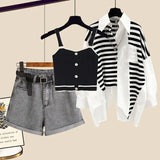 Yipinpay Women's Summer New in Matching Set Korean Elegant Stripe Sunscreen Shirt Tank Top Denim Shorts Three Piece Female Clothing Suit