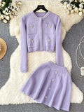 Yipinpay Japan Style Pearls Knit Suits Hidden Breasted Pockets Cardigan+Mini Pleated A Line Skirt Women Sweet Streetwear Sets