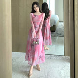 Yipinpay Elegant Dresses Women Butterfly Printed Mesh Patchwork French Style Slim Sexy Dress Flare Long Sleeve Vintage Ladies