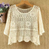 Yipinpay Fashion New Round Neck Five-point Sleeve Pullover Handmade Sweater Korean Version Knitted Hollow Solid Color Top Female