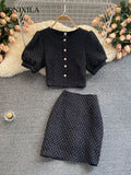 Yipinpay Summer Fashion Elegant Sweet Chic Women Skirt Sets Puff Sleeve Thin Suit with Skirt Short Top High Waist Skirt 2 Piece Set