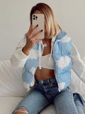 Yipinpay Chic Blue Cloud Print Down Vest Tops Women Winter Warm Outwear Sleeveless Zip Up Stand-up Collar Padded Jackets Coats