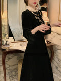 Yipinpay Vintage Lace Midi Dress Elegant 2023 Autumn Slim Long Sleeve Black Velvet Dress Casual Party Korean Fashion Dress Design