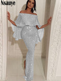 yipinpay 2023 Bling Glitter Elegant Party Evening Maxi Dress Y2K Bodycon Sexy Women Summer Off Shoulder Ruffles Solid Long Dresses