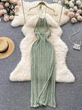 Yipinpay Sexy Backless Knitted Dress Women Halter Sleeveless Hollow Out Split Sundress Korean Vacation Knit Beach Long Dress