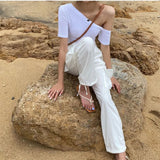 Yipinpay Slim Slash Irregular Off Shoulder Diagonal Black Short Sleeve T-shirts Women Summer Tees Crop Tops Casual Tshirt