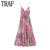 Yipinpay 2023 Print Backless Long Dress Women Summer Ruffle Slip Dress Woman Sleeveless Sexy Midi Dresses Ruched Beach Party Dresses