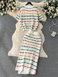 Yipinpay Summer Knit Casual Two Pieces Sets Women Loose Short Camisole+ Skinny Long Dress Retro Stripe Hollow Out Design Suit