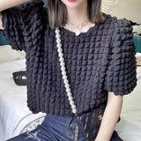 Yipinpay 3D Plaid Shirt Aesthetic Y2k Top Puff Short Sleeve Design Sense Niche Loose Fitting T-shirt Half Grunge Tee Graphic Solid