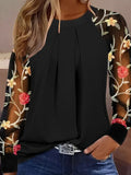 Yipinpay Women's Boho Blouses Autumn Long Sleeve Fashion Folds O-neck Lace Patchwork Loose Shirt For Women Black Tops New Office Clothing
