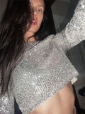 Yipinpay Glitter Sequin Crop top Female Long Sleeve Fashion Sexy Outfit T-shirt Solid Casual High Street Sparkle For Women Y2k Top