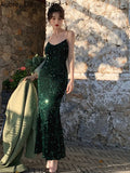 Yipinpay sequin midi dress women elegant v-neck Mermaid formal occasion dress summer vintage casual slim evening party slip dress
