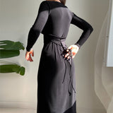 Yipinpay Women Long Sleeve Deep V-neck Sashes High Waist Bodycon Midi Dress 2023 Fashion Party Club Evening Prom Black Dresses