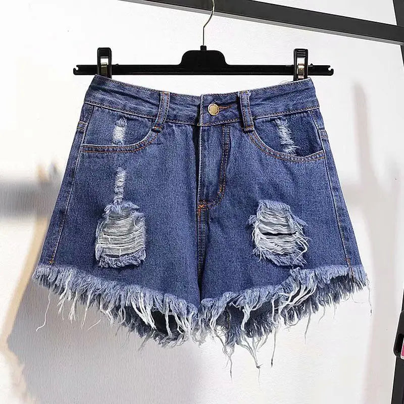Yipinpay Size Denim With Ruffled Shorts Women's Summer High Waisted Loose Hole Wide Leg Student A-line Hot Pants Basic Short Jeans