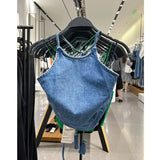 Yipinpay New Fashion Women's Vest Outerwear American Spicy Girl Sexy Tank Top Hanging Neck Denim Camisole Street Slim Fit Crop Top