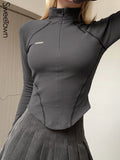 Yipinpay Zip Up Turtleneck Crop Top Stitched Long Sleeve Skinny T-shirts y2k Aesthetic Streetwear Harajuku Women Clothing