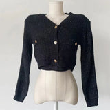 Yipinpay Fall Sexy Camisole Top + Cropped V Neck Black Cardigan Twist Knitted Coat Korean Chic Two Piece Sets Retro Winter Clothes