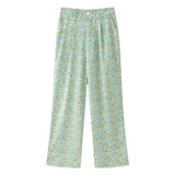 Yipinpay Flower Printing Long Pant Set Women Elegant O Neck Lace Up Short Sleeve Shirts Wide Leg Trousers Chic Lady 2 Pieces Sets