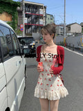 Yipinpay New Red Casual Crop Tops Cardigan Sweet Lace Y2k Mini Dress Party Sexy Strap Dress Korean Fashion Suit Woman Autumn Chic