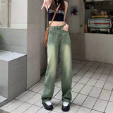 Yipinpay Green Baggy Jeans For Women American Fashion Y2k Streetwear Straight High Waist Slimming Loose Wide Leg Mop Pants