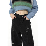 yipinpay Black High Waist Women Jeans Gradient American Fashion Streetwear Wide Leg Trouser Female Baggy Irregular Denim Pants
