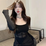 Yipinpay Woman Dress Sexy Mesh Patchwork Long Sleeve Square Collar Slim Stretch Black Elegant Dresses Party Female Stylish