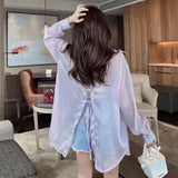 Yipinpay Women Blouses Solid Wear Early Spring Thin Pure Shirt Split Back Loose Sunscreen Long-sleeved Shirt Polo Collar Female Clothing
