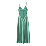 Yipinpay New Women Green Satin Midi Spaghetti Strap Sexy Dresses Chic Backless V Neck Female Party Vestidos