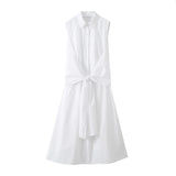 Yipinpay New Women Front Knotted White Shirt Dress Lapel Collar Sleeveless Female High Street Summer Dresses