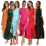 Yipinpay Waist Hollow Split Dress 2024 Summer Sleeveless Round Neck Back Zipper Tank Women's Robe Casual Comfortable Party Dress