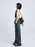 Yipinpay Retro High Waist Oversized Jeans Pants For Women Casual Baggy Y2K Wide Leg Grunge Streetwear Patchwork Denim Trouser