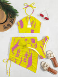 Yipinpay Pieces Women Swimsuit Wrap Halter Bikini High Waist Bikini Set Print Female Swimwear Cover Ups Mesh Bathing Suit Beachwear