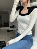 Yipinpay for Women Jersey Sweater Slim Sexy Crop Tops Retro Square Bow Black Sweater Knitted Blouse Spring Elegant Chic