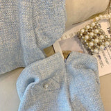 Yipinpay Blue Tweed Cardigan Elegant Crop Top Summer Shirt Beach Outfits for Women Blazers Sets Mini Plaid Skirts Faldas Korean