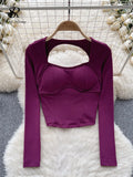 Yipinpay Women Sporty Tops Square Collar Long Sleeve Backless Kink With Chest Pad Slim Fit American Streetwear Sexy Mini Blouse