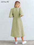 Yipinpay Elegant Women Cotton Midi Dress Green Robe V-Neck Puff Sleeve Wrap Dress Lady Dress Summer Loose Dress 2023 Lace-Up