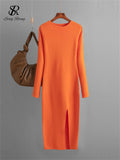 Yipinpay Autumn Skinny Knitted Dress Female O Neck Split Outerwear Fashion Korean Style Office Lady Solid Slim Sweater Dress