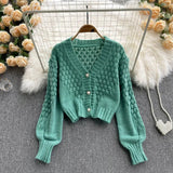 Yipinpay Cardigan Solid Color V Neck Short Sweater Lazy Wild Hollow Out Sweaters for Women Chic Pearl Button Knitted Coat Shirts