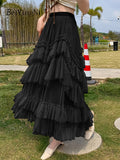 yipinpay Women's Tulle Tutu Skirt Irregular Mesh Princess Fairy Pleated Long Cake Skirts Korean Fashion Kawaii Chic Dance Skirt
