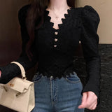 Yipinpay Fashion Shirts Women Puff Loong Sleeve V Neck Autumn Winter Slim Lace Patchwork Crop Tops Female Sexy Elegant Blouse