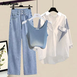 Yipinpay Spring/Summer New Matching Set Women's Casual Stripe Sunscreen Shirt+Vest+Jeans Three Piece Korean Elegant Denim Pants Set