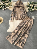 Yipinpay Hoodie Sporty Suits Zipper Loose Cardigan+High Waist Wide Legs Long Pants 2024 Autumn Women Fashion Print Casual Sets