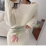 Yipinpay winter one shoulder Pullover long sleeve sweater with suspender slim knit dress two sets