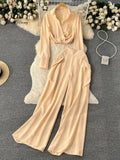 Yipinpay Spring Fashion OL Two Pieces Suits Lapel Neck Blouse+Pocket Wide Leg Long Pant 2024 Women Streetwear Retro Casual Sets