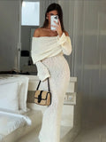 Yipinpay Knit Hollow Out Off-Shoulder Maxi Dress Female Cover up Loose Long Sleeve Holiday Beach Party Dress Women Knitwear Dress