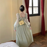 Yipinpay Elegant Lantern Sleeve Lace Up Midi Chiffon Dress Autumn and Spring Women Square Neck Evening Party Prom Robe Female