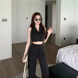 Yipinpay Striped Tailored Trousers Wide Leg Pant Suits Lapel Sleeveless Black Blazer Vest Thin Jacket Office Lady Sexy Casual Sets
